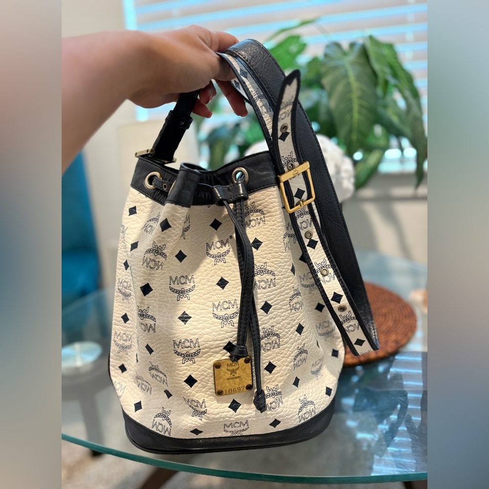 MCM White and Black Visetos Drawstring Crossbody Bucket Bag - Picture 5 of 15